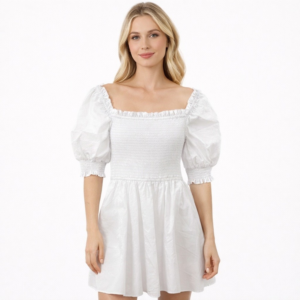 Francesca's White Smocked Mini Dress Puff Sleeve Square Neck‎ Cotton XS NWT